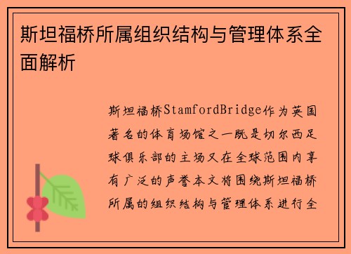 斯坦福桥所属组织结构与管理体系全面解析