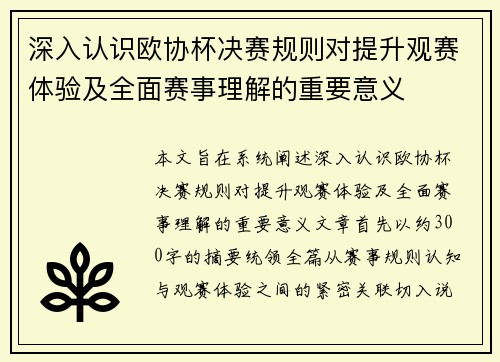 深入认识欧协杯决赛规则对提升观赛体验及全面赛事理解的重要意义