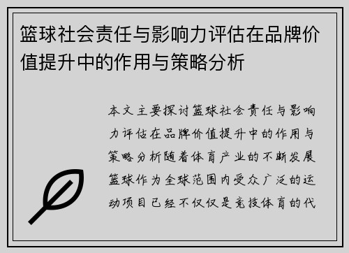 篮球社会责任与影响力评估在品牌价值提升中的作用与策略分析