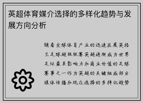 英超体育媒介选择的多样化趋势与发展方向分析 英超体育媒介选择的多样化趋势与发展方向分析