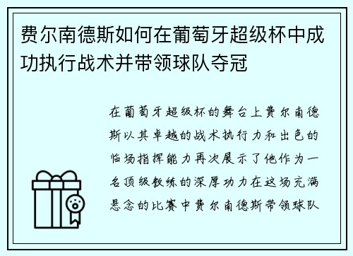 费尔南德斯如何在葡萄牙超级杯中成功执行战术并带领球队夺冠 费尔南德斯如何在葡萄牙超级杯中成功执行战术并带领球队夺冠