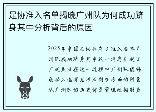 足协准入名单揭晓广州队为何成功跻身其中分析背后的原因